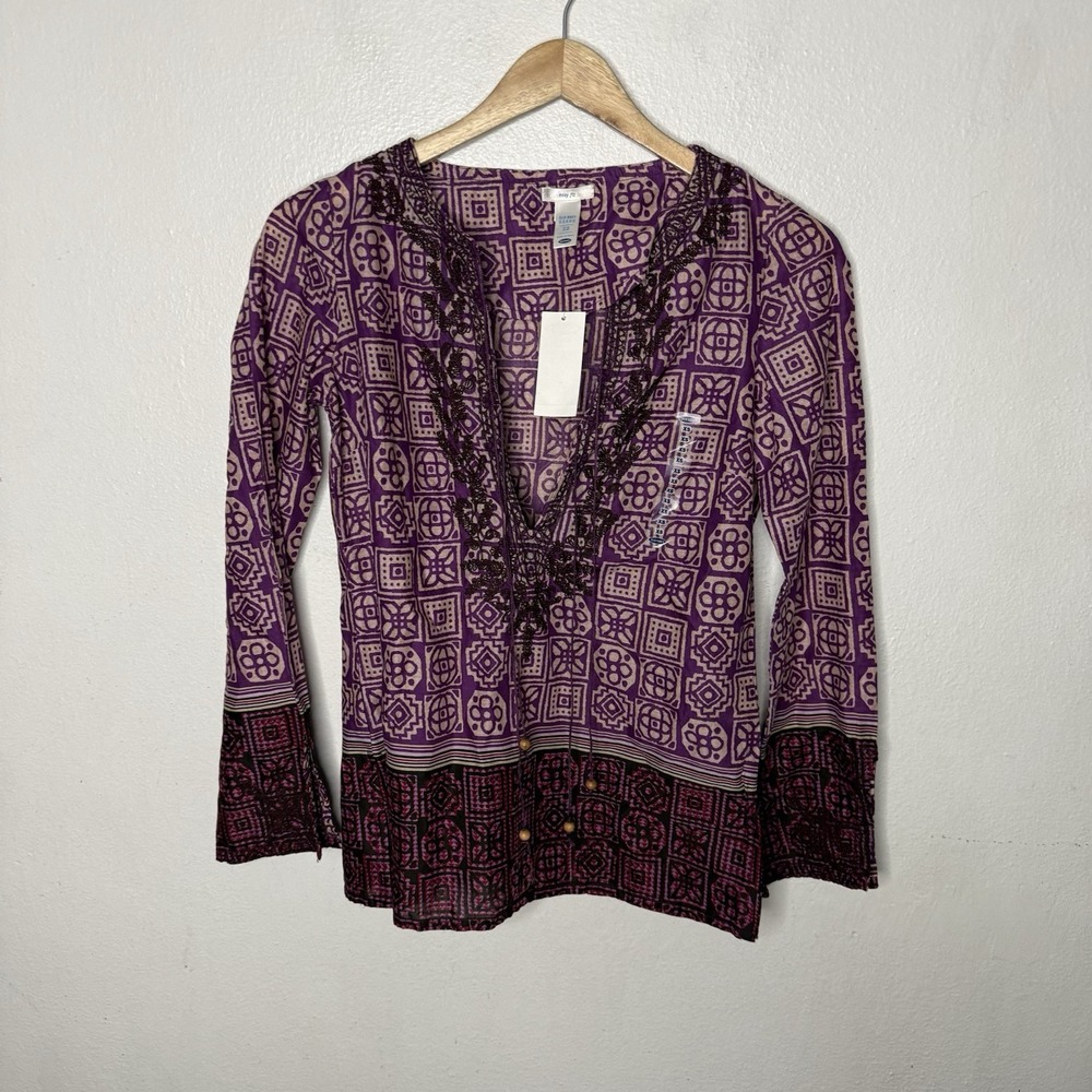New Vintage Old Navy Plum Embroidered V-neck Tunic Top Wooden Bead Women's XS